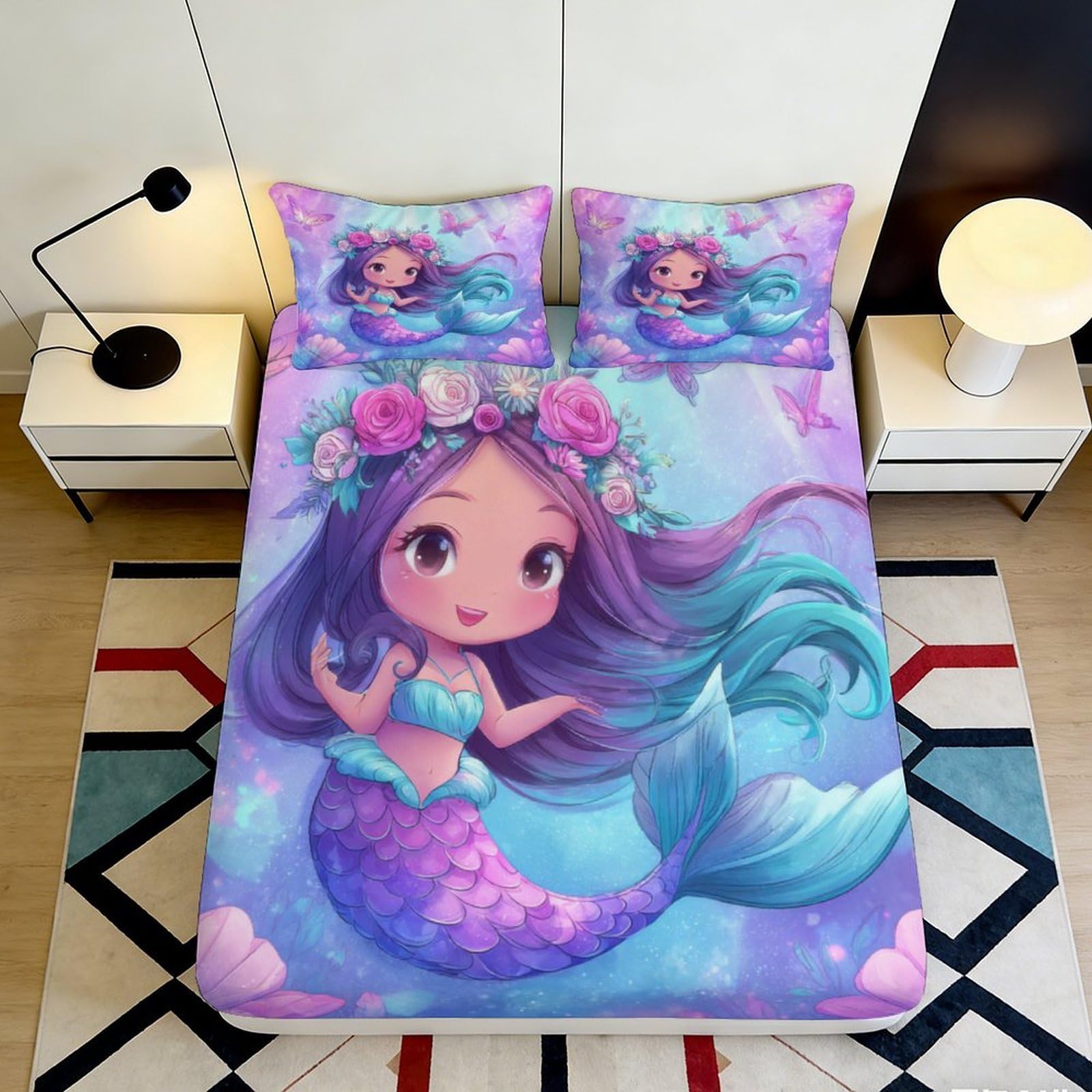 3D Printed Mermaid Fantasy Fitted Sheet Microfiber Soft Purple Blue Cartoon Ocean Mattress Cover for Bedroom Decoration 140x200x25cm