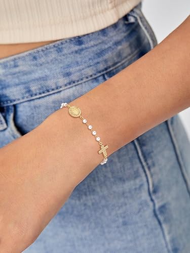 Miniatura 5 de NECOCY Gold Bracelets for Women, Dainty Silver14K Gold Plated Cross Bracelet Stack Pearl Bead Knot Cross Chain Bracelet Trendy Religious Christian