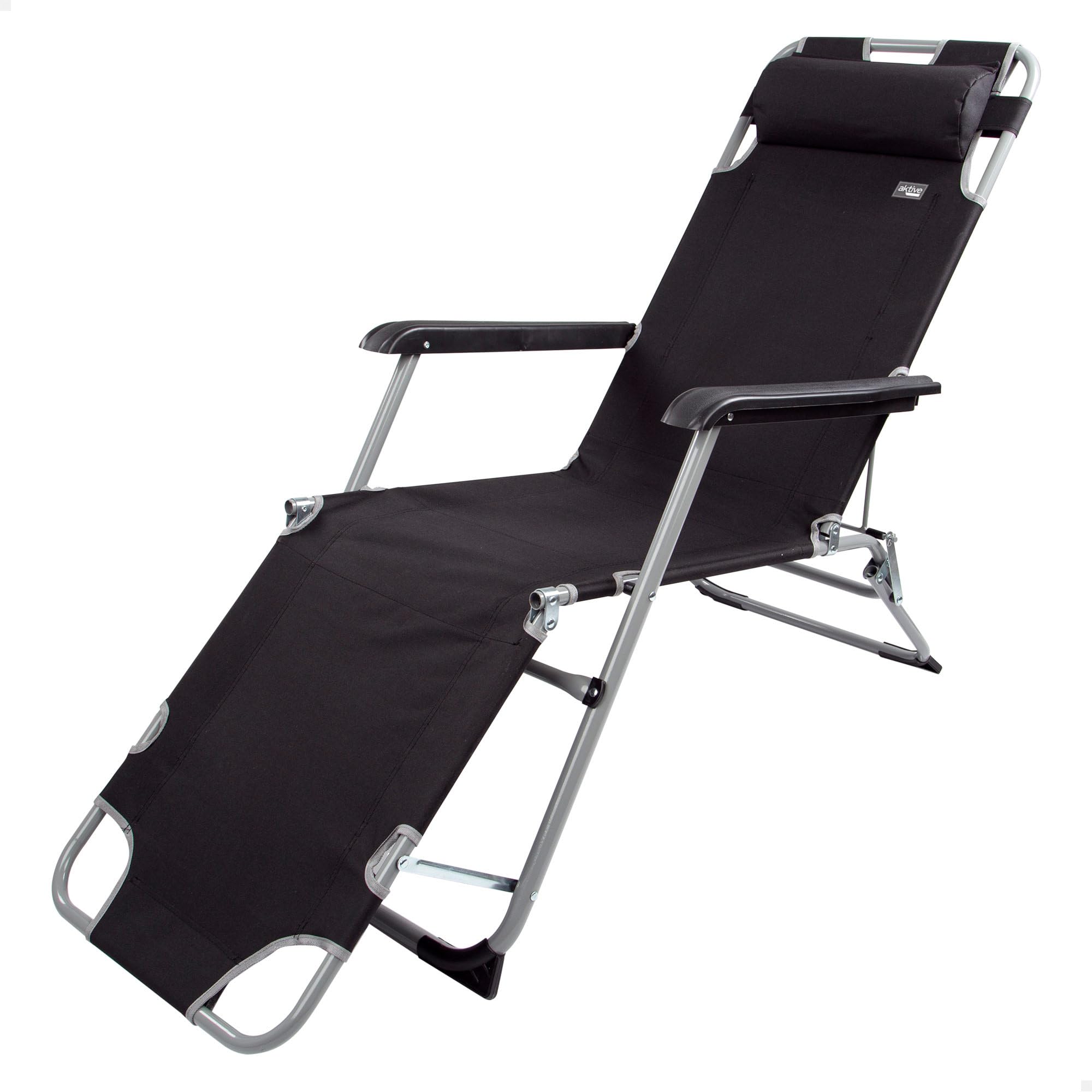 AKTIVE Tumbona Plegable y reclinable Negra, 2 Posiciones, Antivuelco, Material: Acero y textileno, Medidas: 178x60x89cm, Peso máx. soportado 110Kg, Tumbonas Plegables para Playa y (62297)
