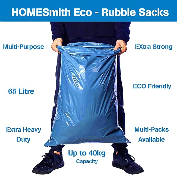 HOMESmith XLarge Heavy Duty Blue Rubble Sacks Builders and DIY Choice Rubble Waste Bags - Pack of 50