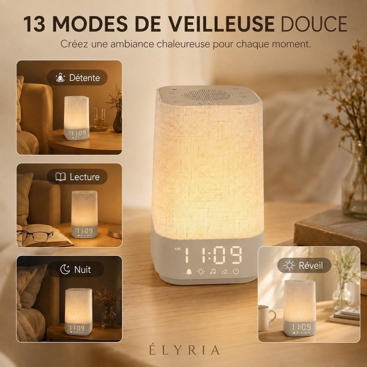 Réveil Lumineux Simulateur d'Aube, Réveil Lever de Soleil avec 30 Sons Relaxants, Lampe de Chevet LED, 13 Modes Veilleuse, Réveil Digital avec USB, Fonction Mémoire, Adaptateur Inclus