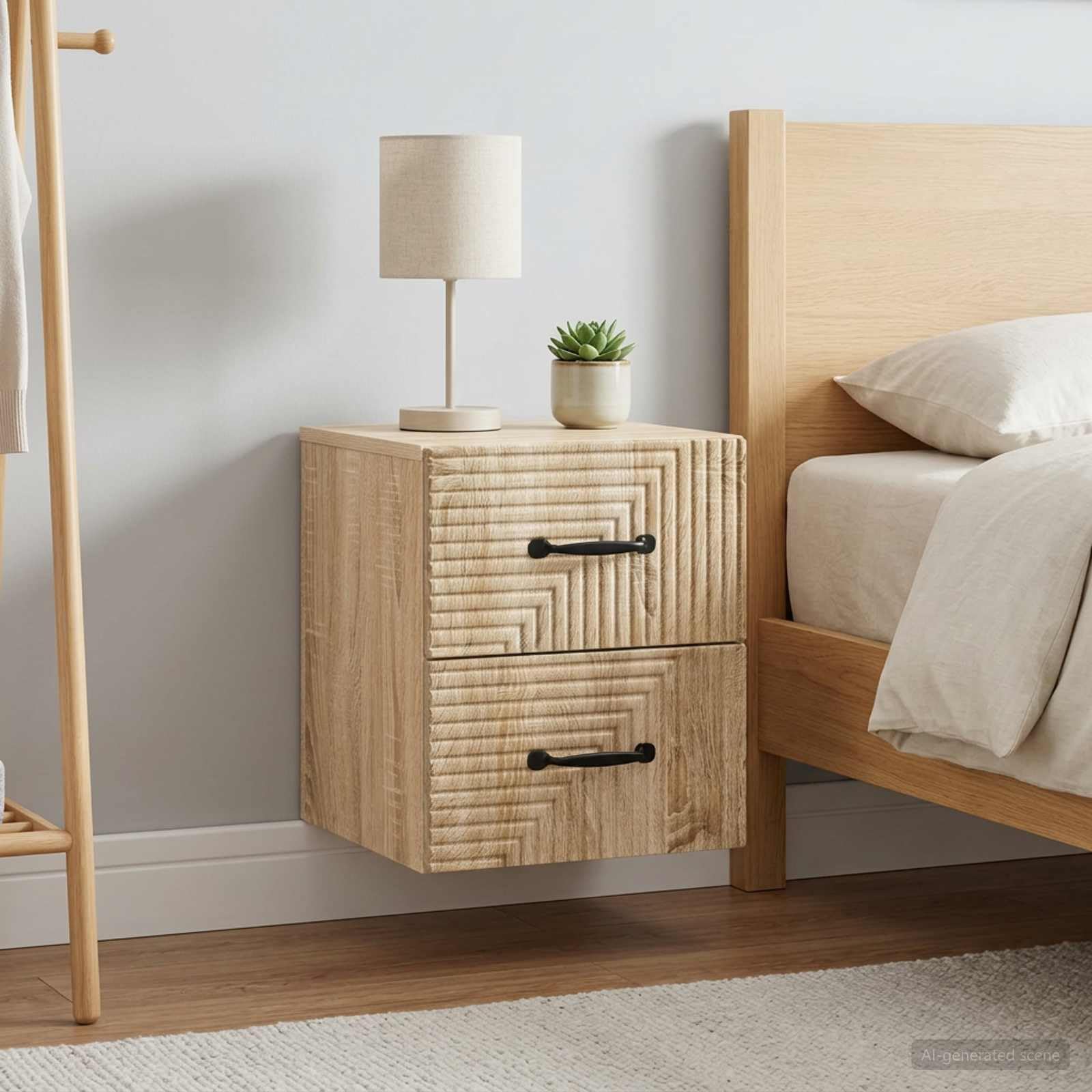 Wandmontierter Nachttisch Sonoma-Eiche 2er Set, 34,5 x 33 x 40 cm mit Stauraum, Schubladen, Ablage, für Schlafzimmer, Wohnzimmer, Büro, Staubschutz, robuste Holzwerkstoff, vielseitig