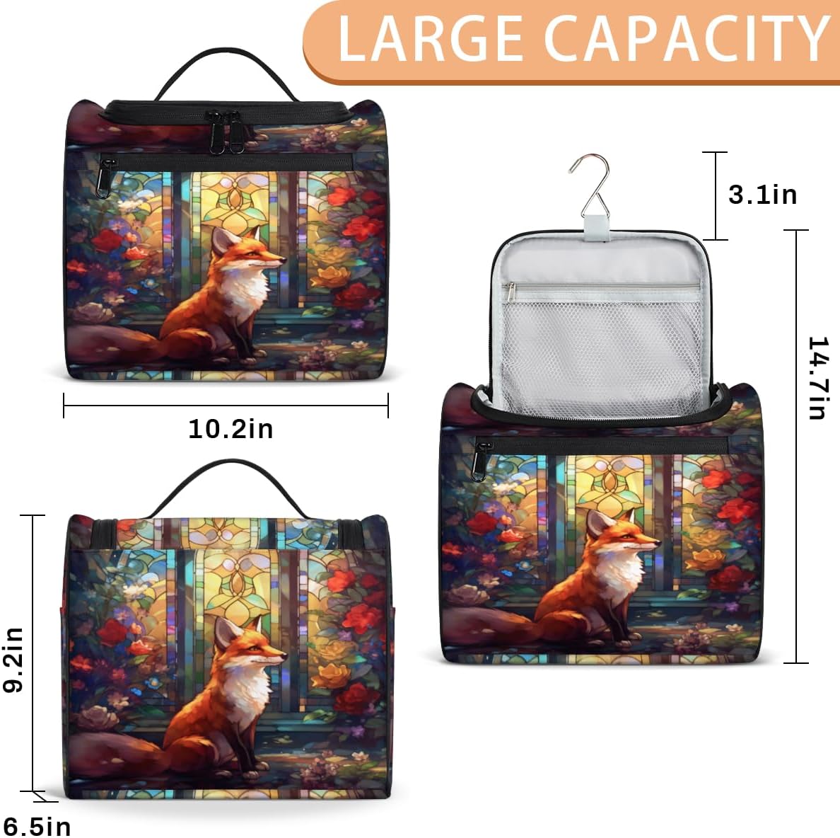 Travel Toiletry Bag for Women Men Art Painting Fox, Hanging Cosmetic Organizer Bag,Portable Water Resistant Makeup Bag,Travel Essentials Kit for Girls