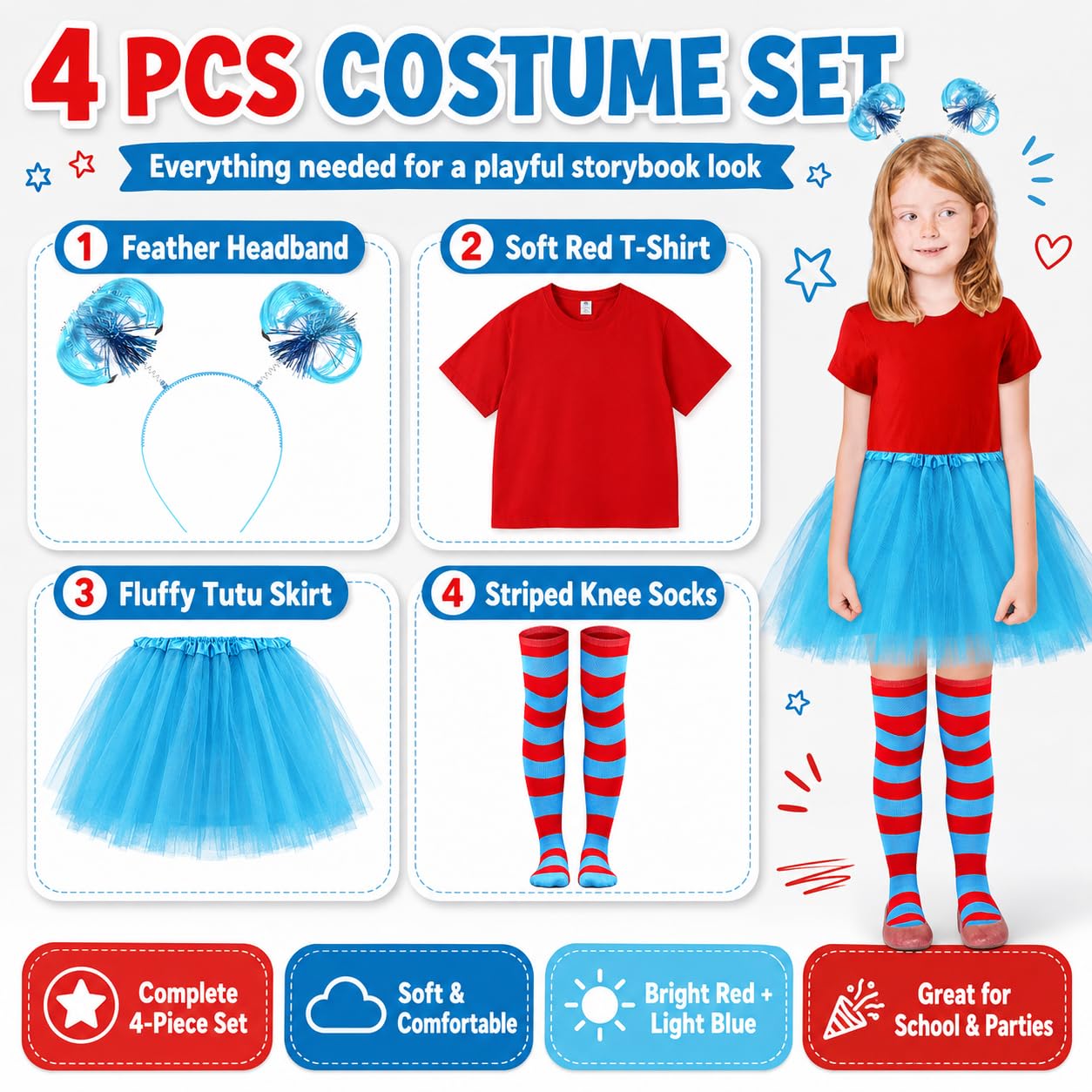 Conjunto de accesorios para disfraz de tutú de tul para niña, camiseta roja, falda tutú, calcetines altos a rayas hasta el muslo, diadema azul
