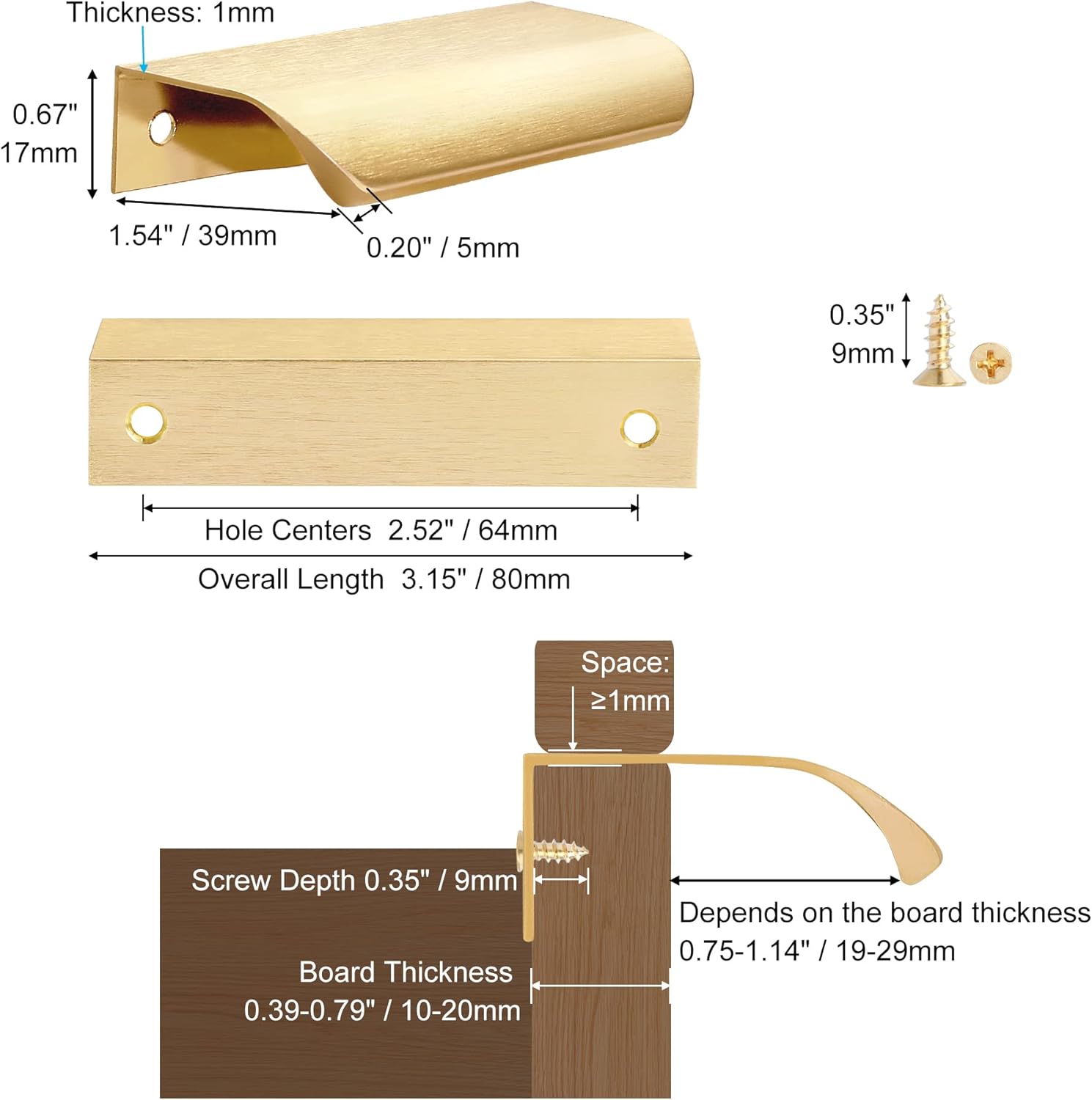 CozyTower 10 Pack Gold Edge Finger Pulls for Cabinets, 3.15" Kitchen Cabinet Pulls Cupboard Handles Drawer Pulls Modern Aluminum Concealed Tab Pulls for Closet Door, Brushed Brass