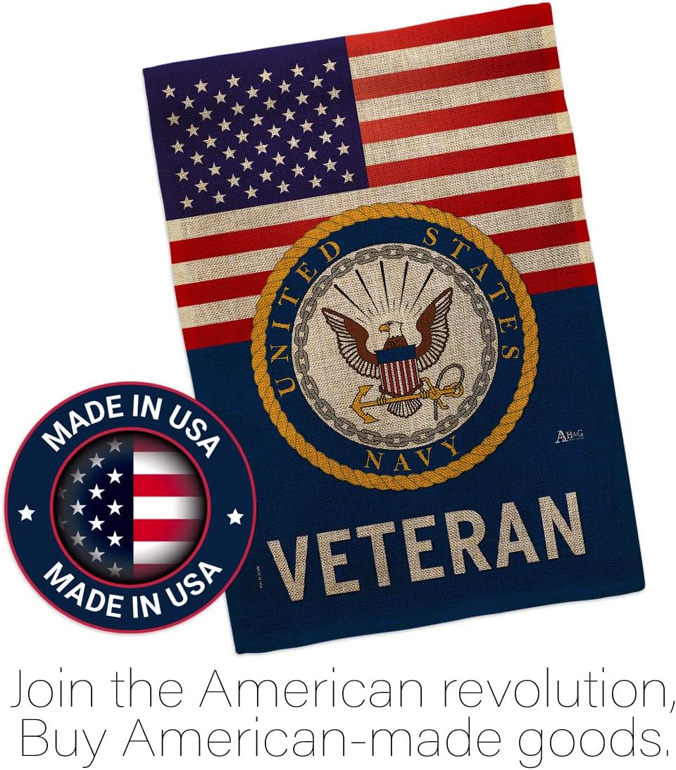US Navy Veteran Burlap Garden Flag - Set with Stand Armed Forces USN Seabee United State American Military Retire Official - House Banner Small Yard Gift Double-Sided Made in USA 13 X 18.5