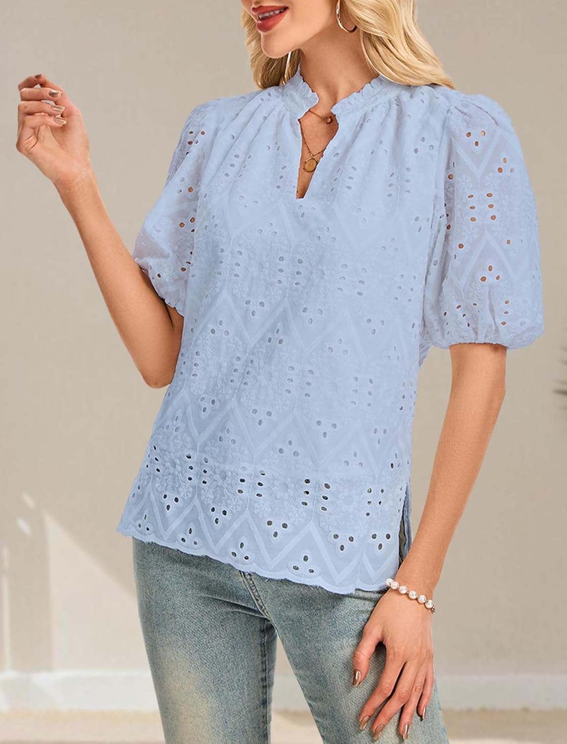 Women's V Neck Blouses Dressy Casual Puff Short Sleeve Shirts Hollow Summer Tops Business Women S-XXL - Image 4