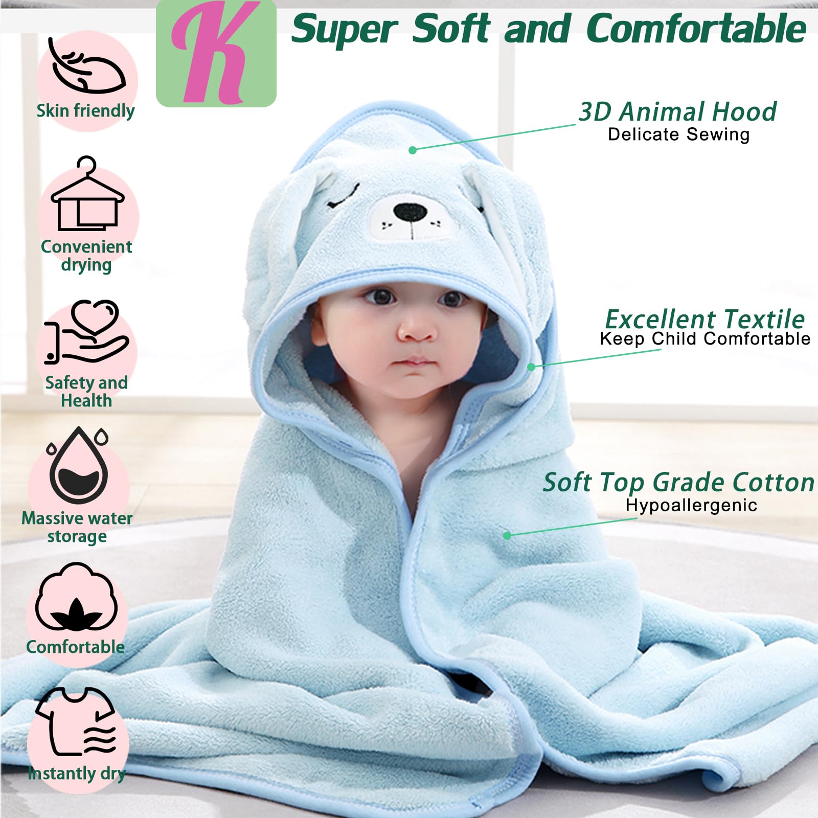 Toallas con capucha para bebé, 80 x 80 cm, forro polar de coral, supersuaves, absorbentes, toallas de bebé recién nacidos, regalo, toalla de bebé con capucha, para niños y niñas
