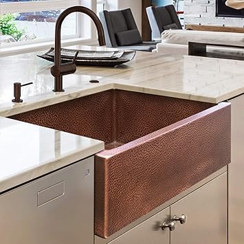 Luxury HEAVY-GAUGE (12-Gauge) 30-Inch Modern Copper Farmhouse Sink (44 LBS  Pure Copper), Apron Front, Single Bowl, Antique Copper Finish, Grid and ...