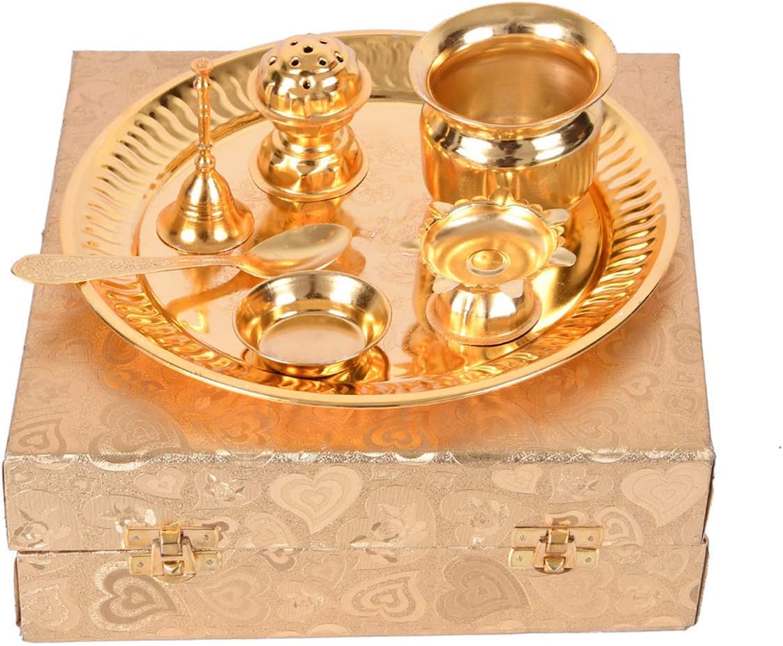 Vaishno Beautiful Gold Plated Brass Pooja Thali Set for Diwali Poojan, Dhanteras, Hawan Puja, Diwali Pujan, Navratri Pujan ( Golden , 860 Grams )