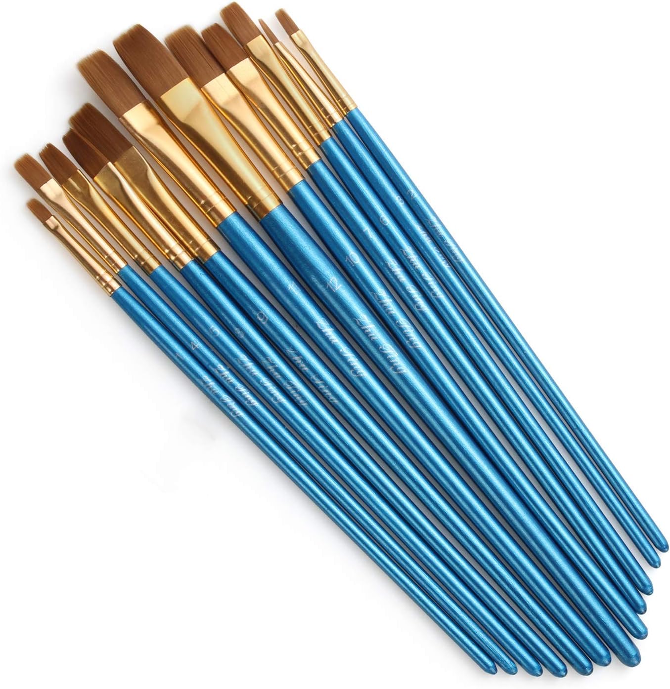 Acrux7 Flat Paint Brushes Set, 12 Pcs Paintbrushes Flat / Shader Tip Nylon Hair Artist Acrylic Paint Brushes for Acrylic Oil Watercolor, Face Nail Art, Miniature Detailing and Rock Painting, Blue