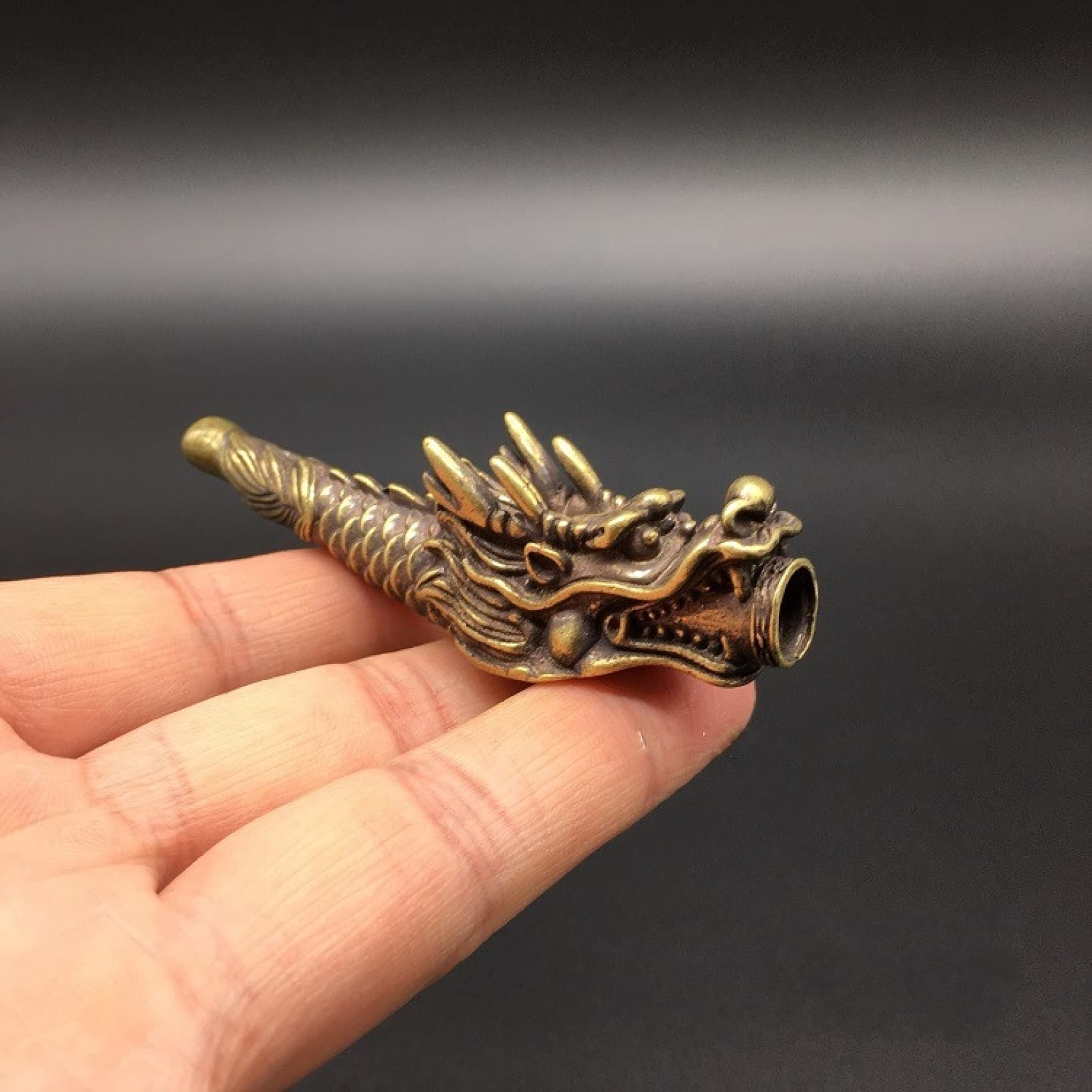 KKONION Collectible Chinese Brass Carved Zodiac Animal Dragon Head Pipe Holder Small Statues Home Collection Gift