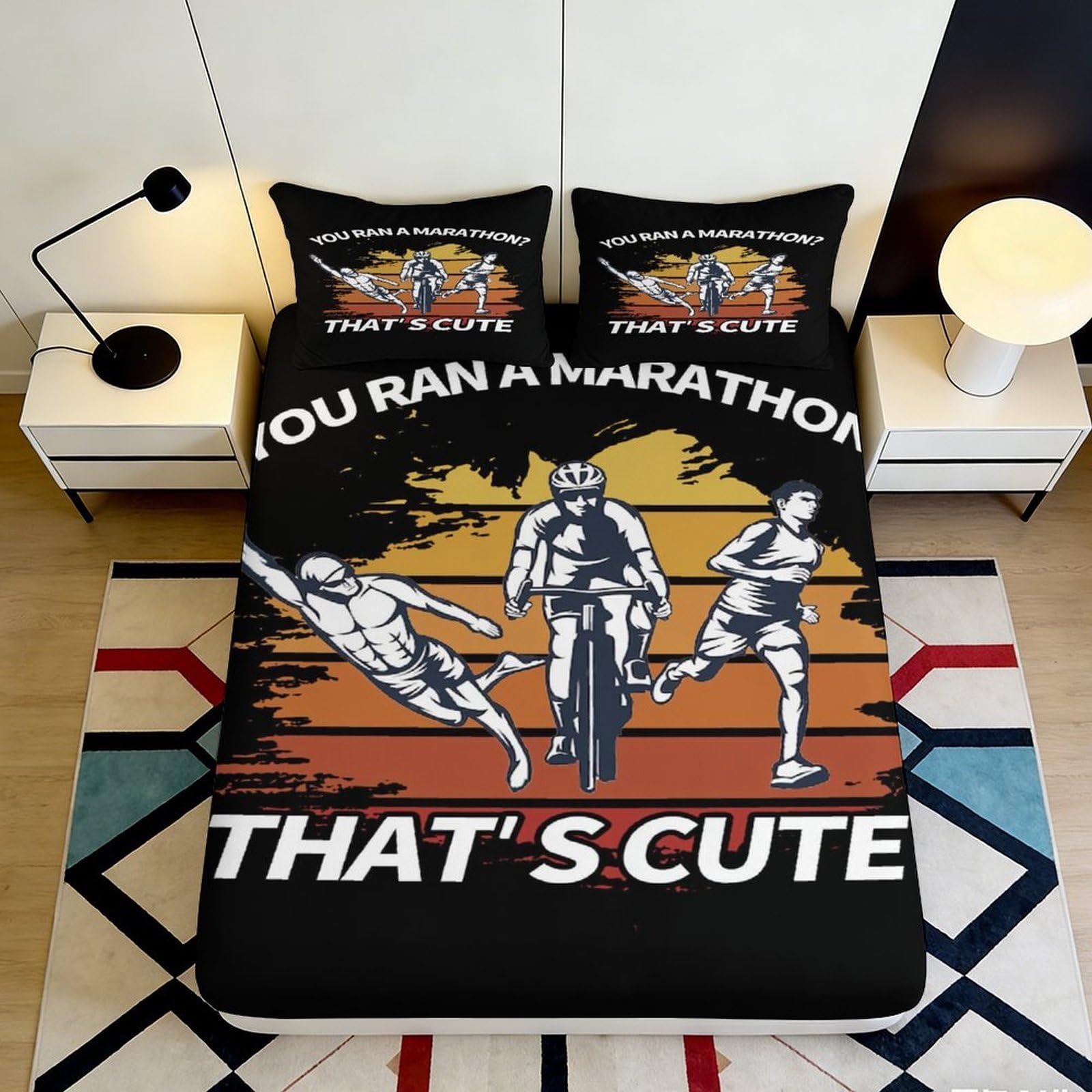 3D Printed Triathlon Athlete Fitted Sheet Microfiber Soft Black Orange Gradient Bed Cover for Bedroom Guest Room Decor 90x200x25cm