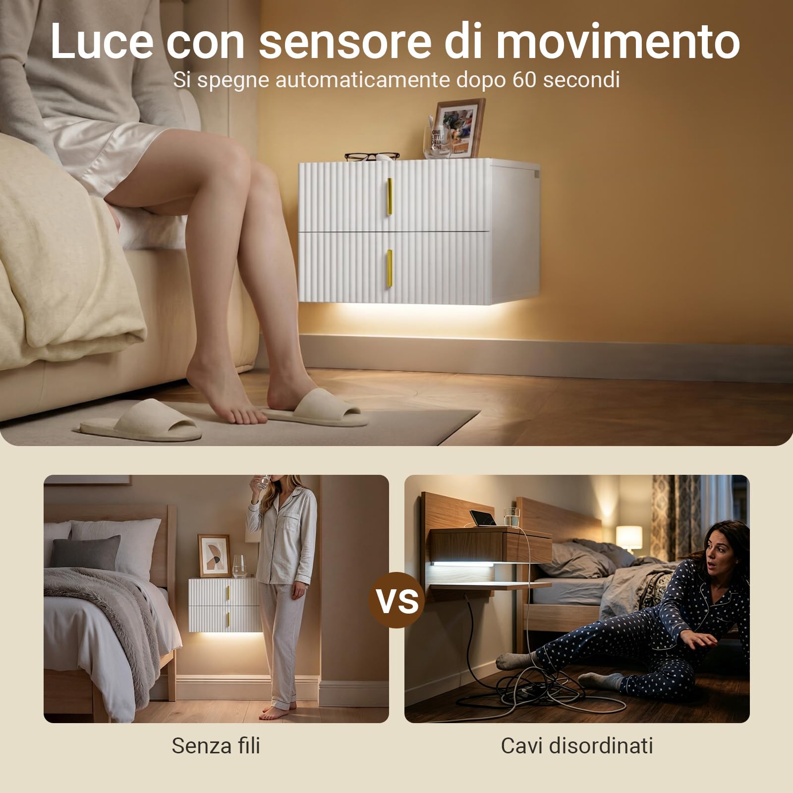 SoBuy comodino sospeso con luce LED a sensore e 2 cassetti, 40x30x30cm | Mensole da muro con fronte ondulato del cassetto, maniglia dorata, PB+MDF, per camera da letto/ingresso, FBT177-E-W