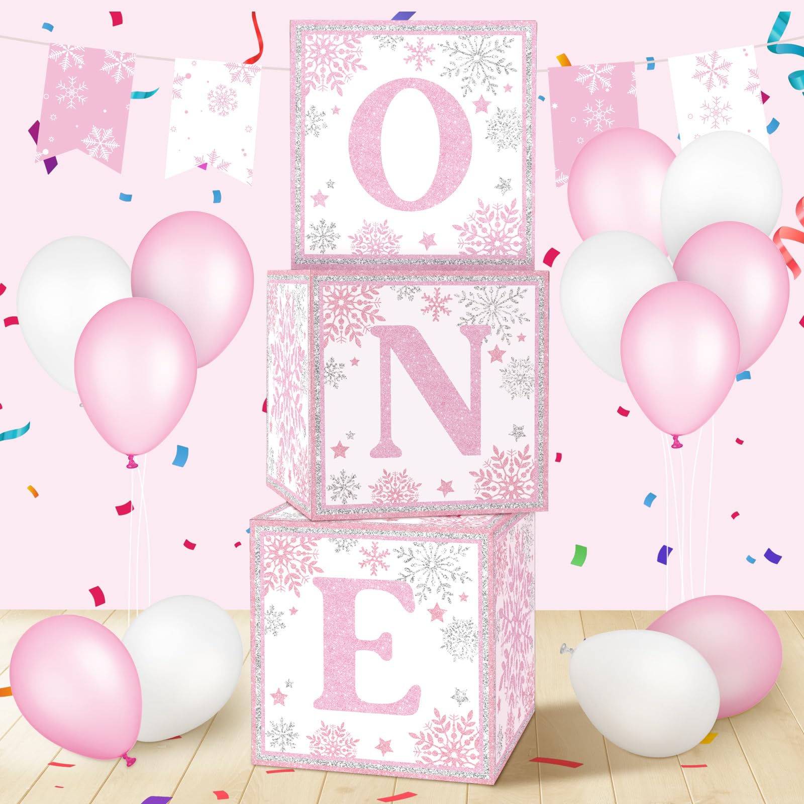 Honoson 3 Pcs Balloon Boxes with ONE Letters 1st Birthday Party Decor for Boy Girl Cake Smash Backdrop Baby Shower Photo Prop Supply (Winter One