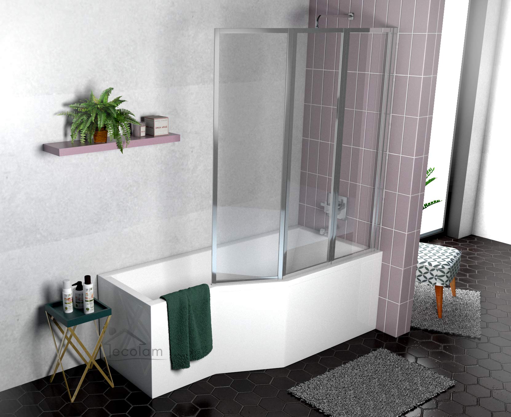 ECOLAM® Duschbadewanne Set Badewanne + Badewannenabtrennung Duschwand Eckbadewanne Integra Acryl weiß 170x75 cm RECHTS + Schürze Ablaufgarnitur Ab- und Überlauf Automatik Füße Silikon raumsparend