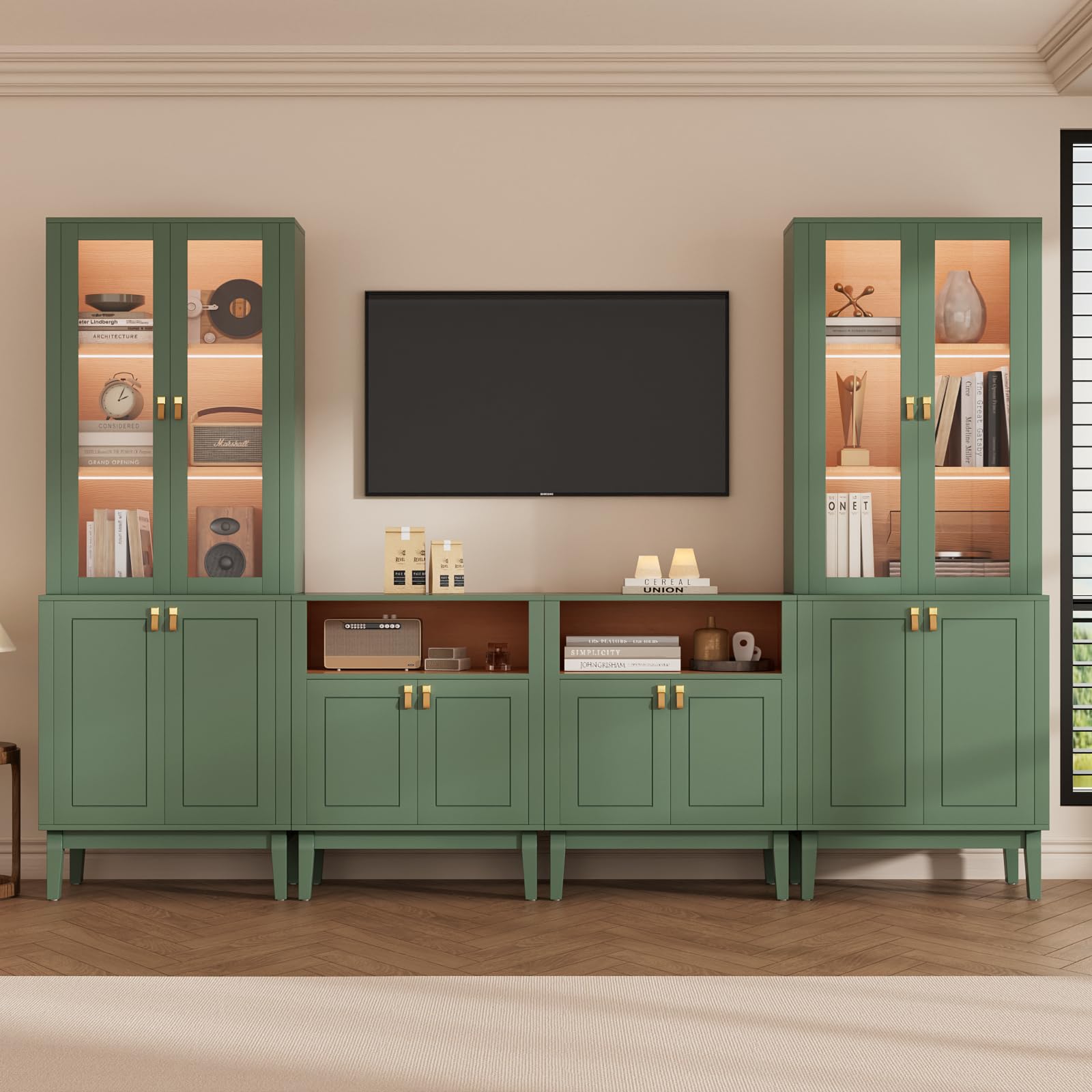 VOWNER Muebles de TV 240cm, Armario para TV con Puertas de Vidrio y Estantes, Mueble Salón con Luz LED Integrada para TV hasta 50 Pulgadas, Gabinete de Almacenamiento Moderno (Verde, 4PCS)