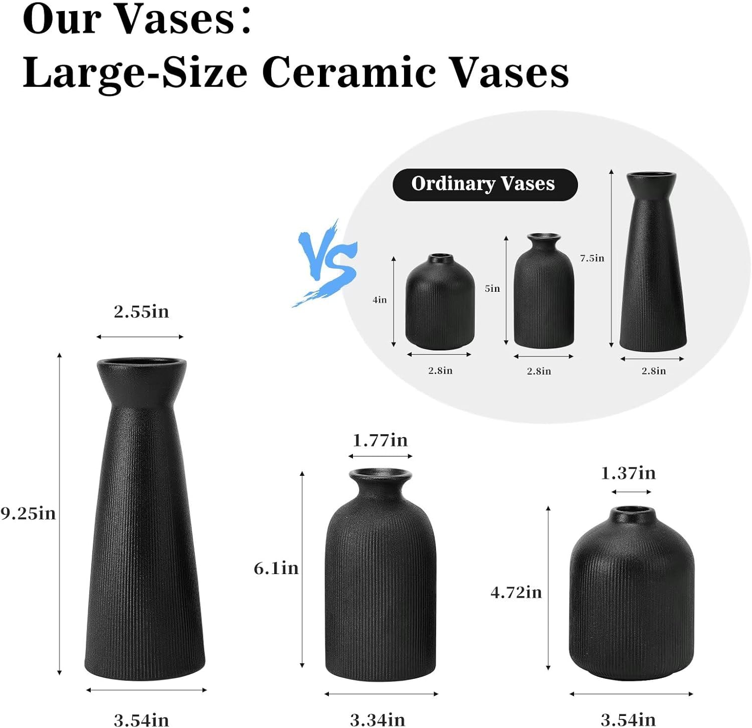 Black Ceramic Flower Vases Set of 3, Valentine's Day Gift Vases with Vertical Stripe Texture, Modern Decorative Vases for Dried Flowers, Home Decor Vases for Living Room Bedroom Kitchen Shelf