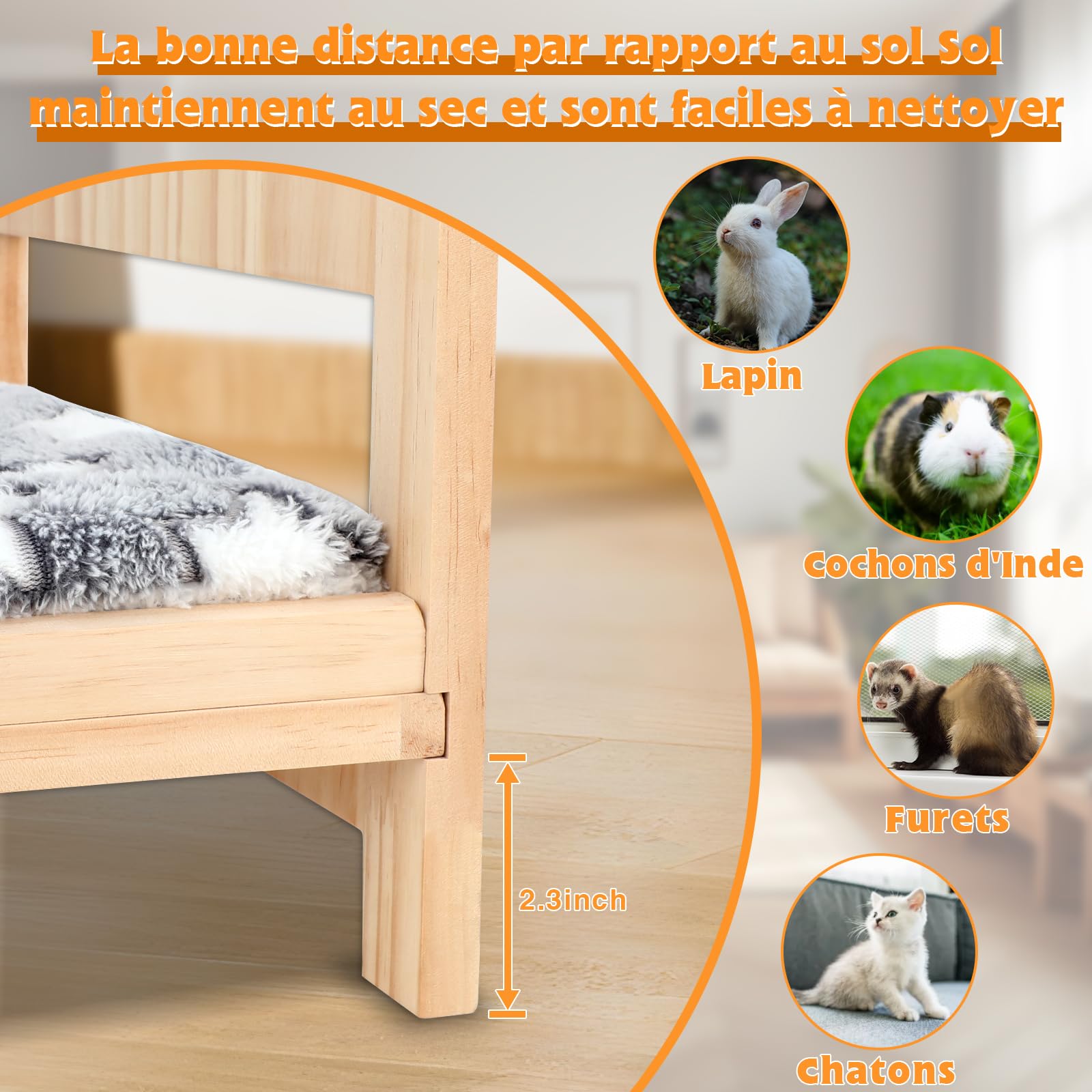 HYLYUN Großes hölzernes Kaninchenbett, 2 in 1 Zusammenklappbares Hölzernes Haustierbett mit Abnehmbarem Kissen für Kaninchen, Meerschweinchen, Kätzchen, Welpen schlafende kleine Tierbetten