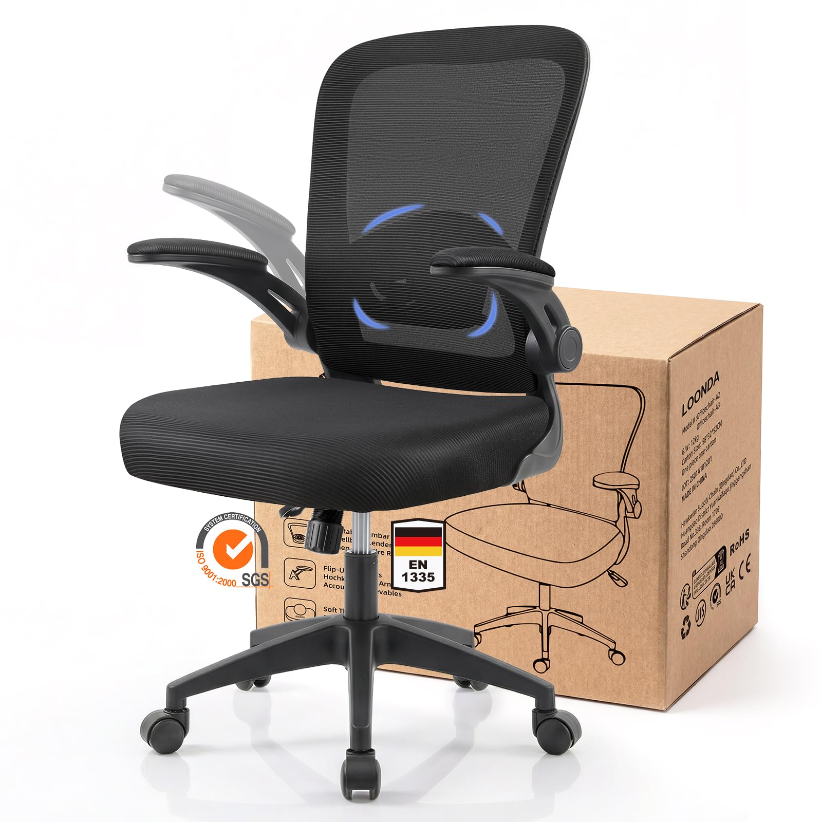 LOONDA Bürostuhl Ergonomisch mit 4D Verstellbarer Lordosenstütze und Atmungsaktivem Mesh, Ergonomischer Schreibtischstuhl mit 8 cm Formstabilem Sitzpolster, 360° Drehstuhl für Home Office und Büro