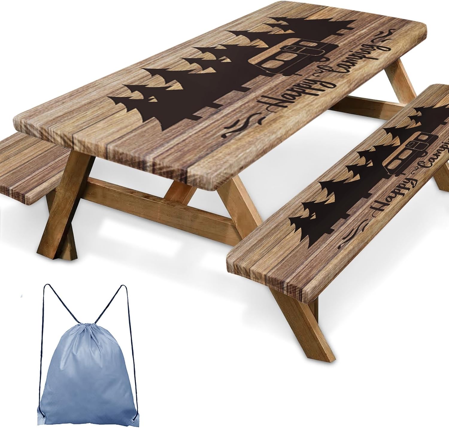 Picnic Table Cover with Bench Covers Elastic Edges, Wooden Camper Fitted Table Cover, Outdoor Patio Camping Essentials 72 Inch 3PCS, Waterproof Camping Fitted Tablecloth with Drawstring Bag