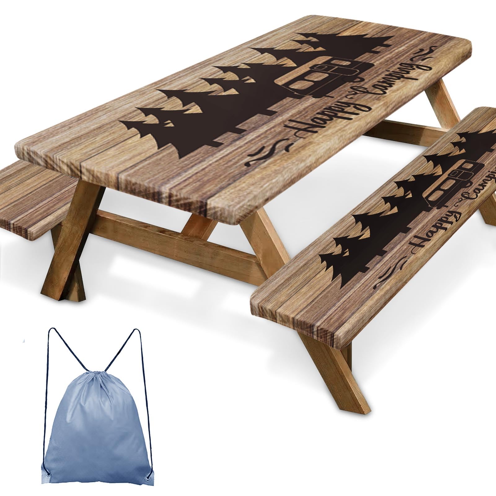 Brown Wooden Picnic Table Cover with Bench Covers, Happy Camper Fitted Rectangle Table Cover, Outdoor Patio Camping Essentials 6FT 3PCS, Camping Fitted Tablecloth with Drawstring Bag-image-29