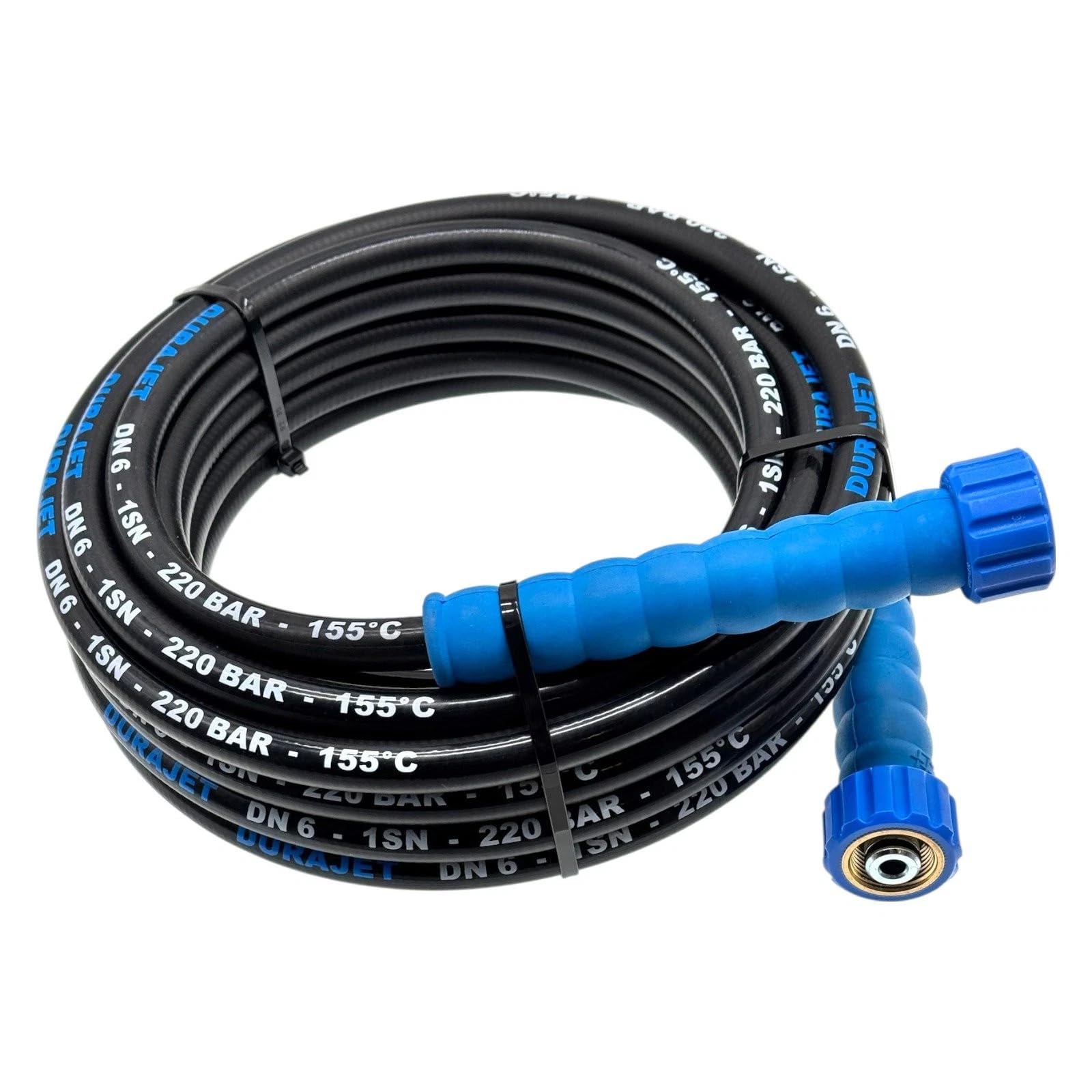 DURAJET Tubo di ricambio per idropulitrice, 10 m, M22 x 1,5 IG su entrambi i lati, 220 bar, 150 °C, tubo di ricambio per idropulitrice ad alta pressione, protezione antipiega blu, adatto per Kärcher