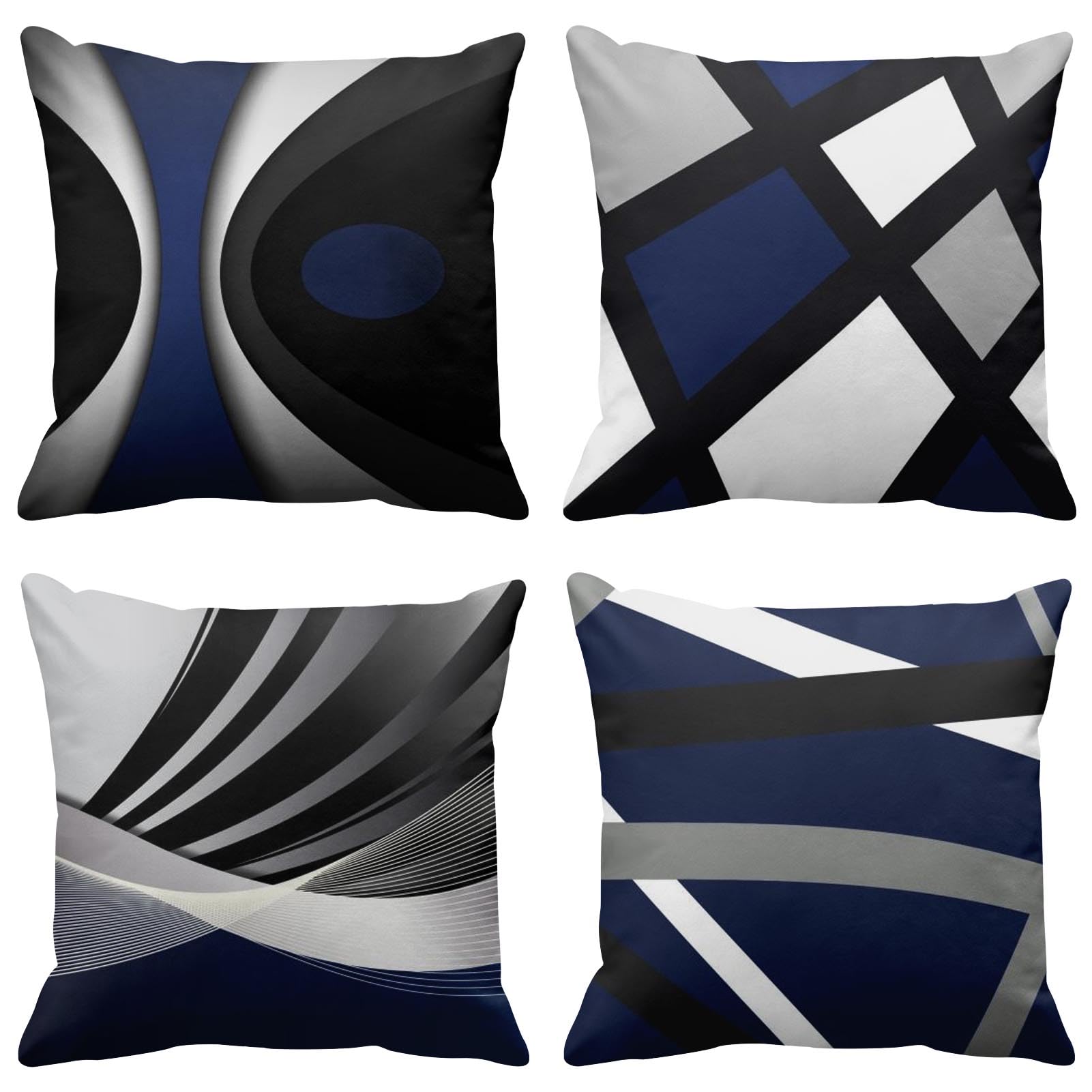 Emvency Set of 4 Dark Blue Throw Pillow Covers Modern Abstract Black Grey Stripes Gray White Acrylic Bold Decorative Pillow Cases Home Decor Square 18x18 Inches Pillowcases
