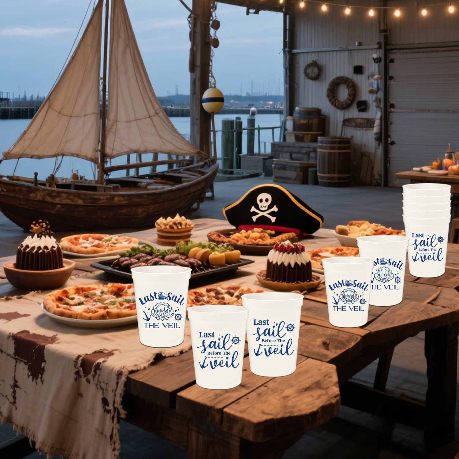 12 Pcs Last Sail Before The Veil Plastic Cups,16oz Nautical Bachelorette Bridal Shower Party Cup ,Nautical Sailor Cruise Voyage Bachelorette Bridal Shower Engagement Party Cups Supplies White Blue