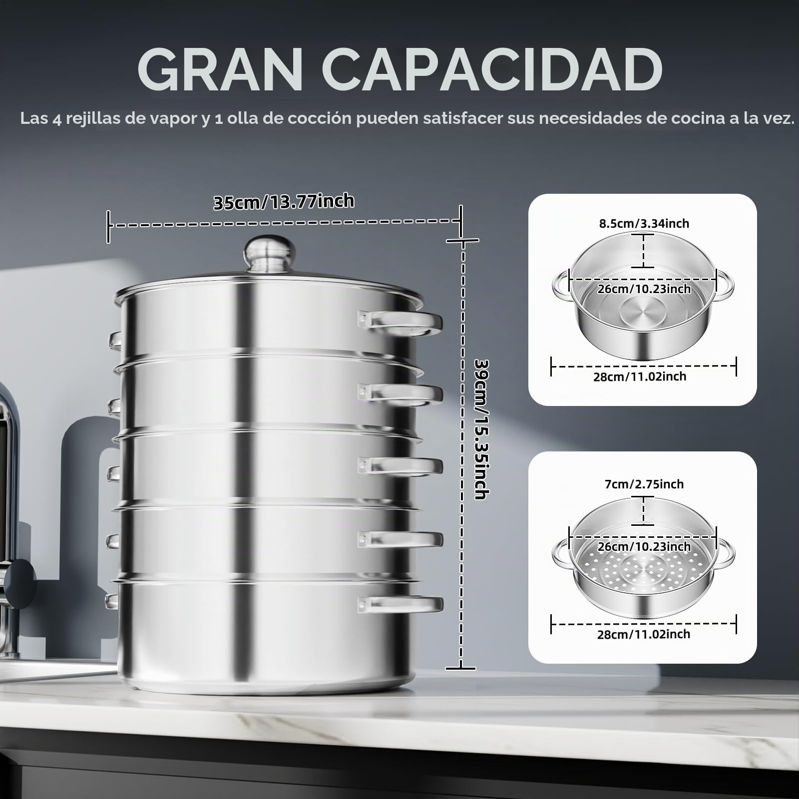 olla de vapor, acero inoxidable, 5 niveles, 30,5 cm de diámetro, para gas, inducción y cocinas eléctricas