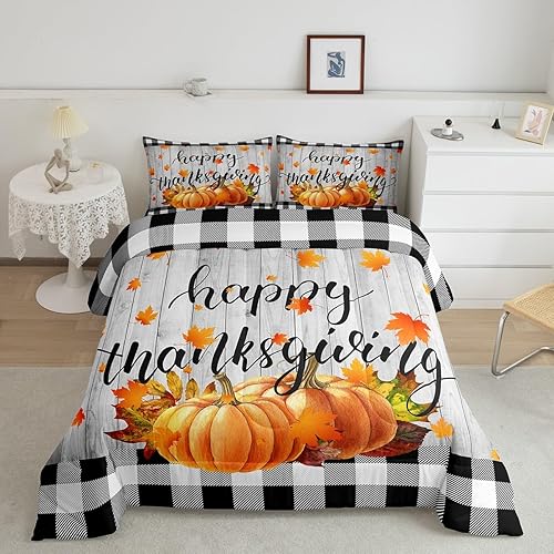 Miniatura 1 de Juego de edredón de calabaza y hojas de arce tamaño matrimonial, juego de edredón de Feliz Acción de Gracias para niños y niñas, juego de edredón de