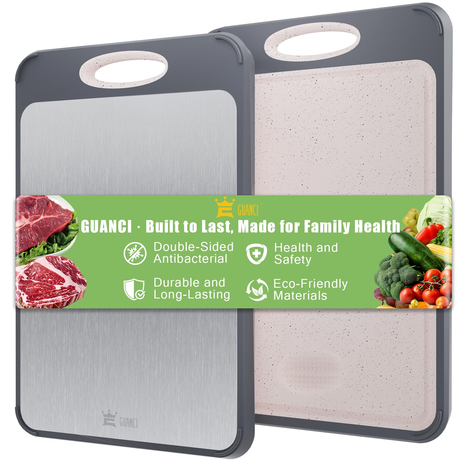 GUANCI Cutting Board for Kitchen, Stainless Steel Cutting Board Double Sided for Chopping Meat/Vegetables, Stainless Steel/Wheat Straw PP, Kitchen Gifts Easy to Clean Large 16”×11”