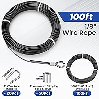 Vista 4 de TooTaci Cable de acero inoxidable recubierto de vinilo negro de 1/8, cuerda de alambre de 100 pies con 50 fundas de crimpado y 20 dedales, cable