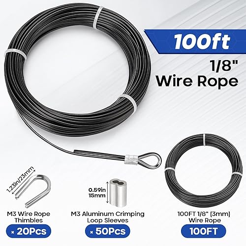 Miniatura 4 de TooTaci Cable de acero inoxidable recubierto de vinilo negro de 1/8, cuerda de alambre de 100 pies con 50 fundas de crimpado y 20 dedales, cable