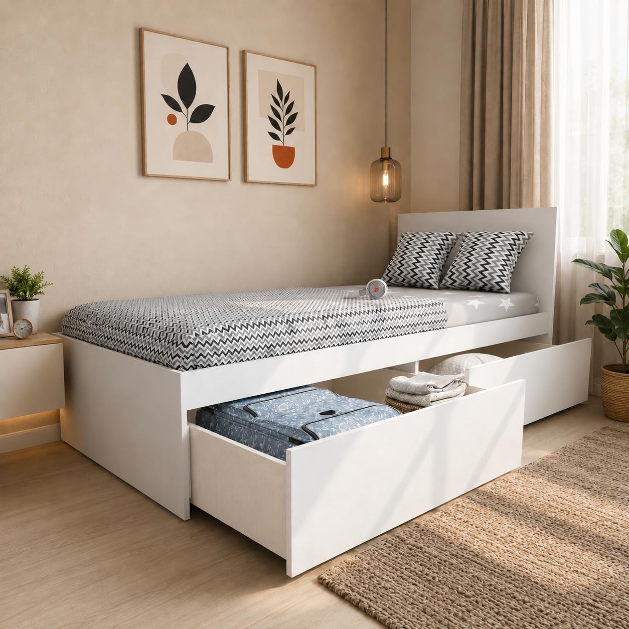 Studio Kook Tribe Right with Headboard Engineered Wood Single Bed with Drawers Matte Finish (Moonshine White)-image-28