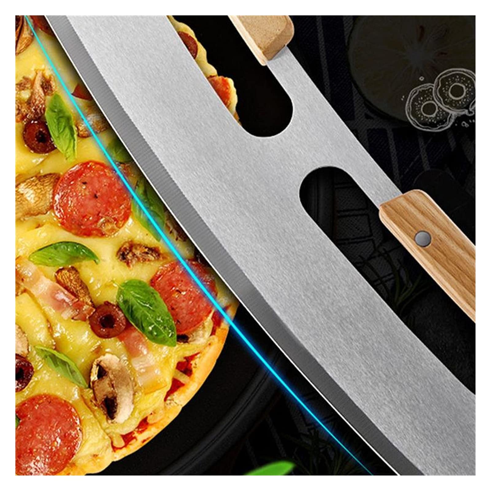 Nóż do pizzy 36CM kuchnia nóż do pizzy ze stali nierdzewnej drewniany podwójny uchwyt nóż do pizzy krajalnica do ciasta krajalnica do pizzy;