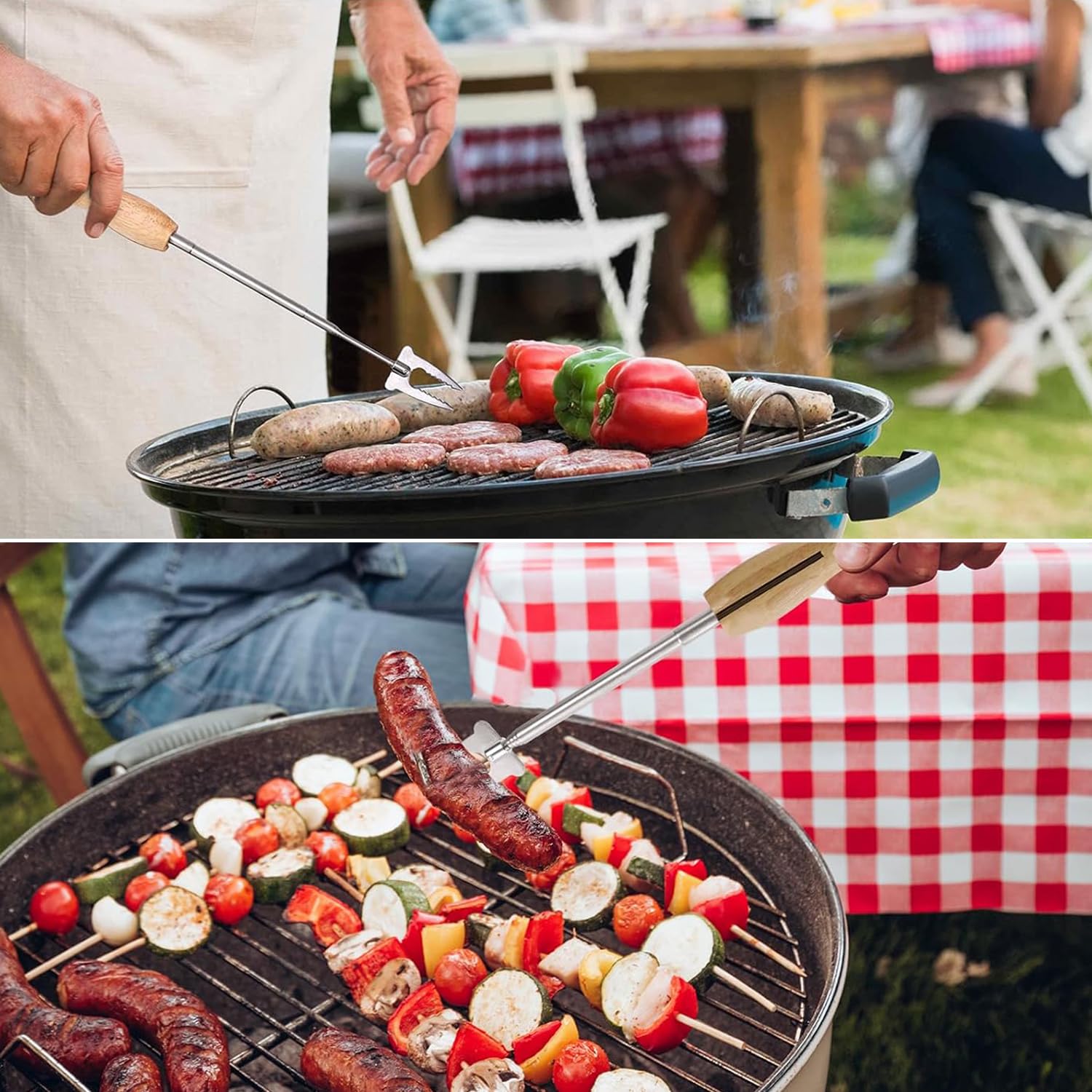 Pinchos de Barbacoa Extensibles de Acero Inoxidable Mango de Madera con Tubo de Soplado Telescópico Tenedor de Barbacoa Extensible(81 cm)