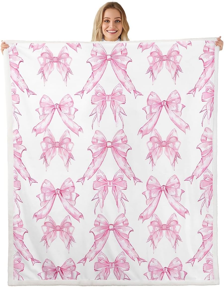 jejeloiu Kids Pink Cowgirl Fleece Throw Blanket Twin 60"x80" Western Fuzzy Blanket for Bed Sofa Couch Cowgirl Boots Bow Ribbon Sherpa Blanket Fuzzy Blanket