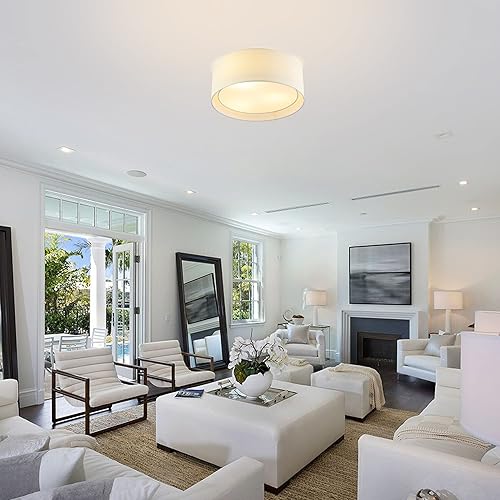 Miniatura 5 de WINGBO Lámpara de techo moderna de 3 luces de montaje empotrado de 15.7 pulgadas con tela y pantalla de tambor doble acrílico para dormitorio, sala