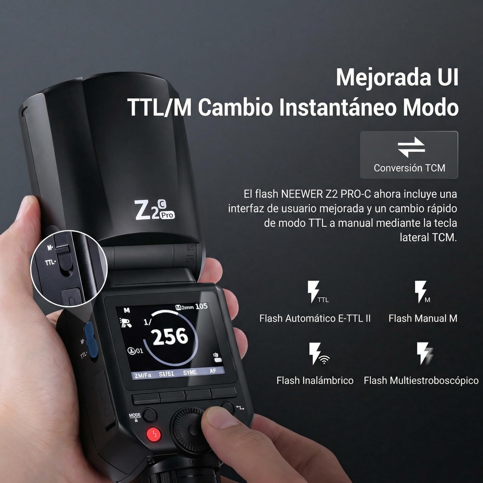 NEEWER Z2PRO-C 2,4G TTL Flash Speedlite de Cabeza Redonda Compatible con Canon, 76W 1/8000s HSS Luz para Fotografía de Cámara con Interfaz de Usuario Mejorada 2 Lámpara Modelado, TTL/M TCM Interruptor