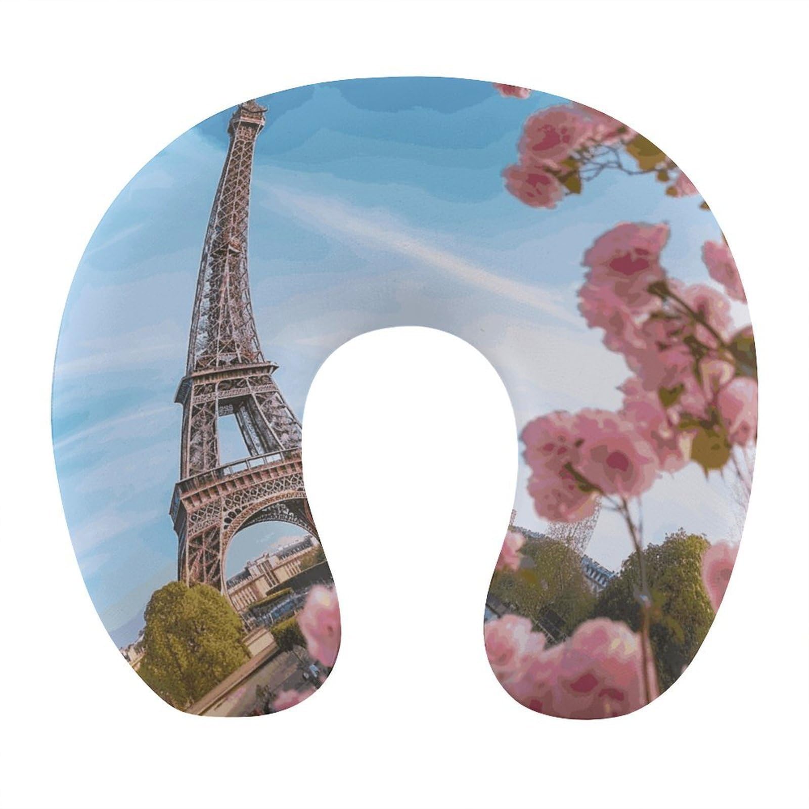 FekiLoot Paris Eiffel Tower with Flowers Travel Pillow U Shaped Neck Pillow Comfortable Memory Foam Pillow Portable Soft Headrest Lightweight Neck and Head Support for Planes Trains Self-Driving Cars