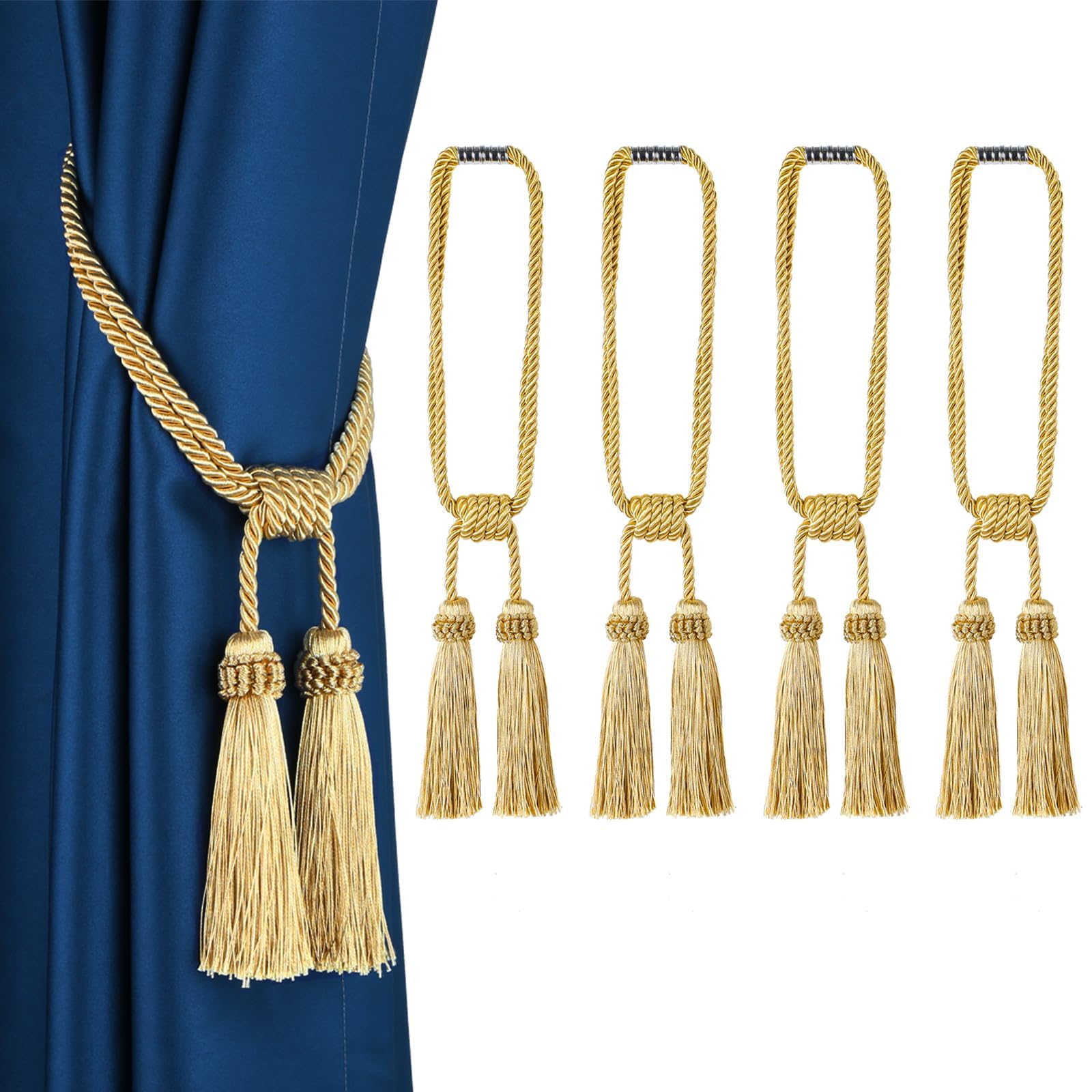 Fenghuangwu Magnetic Curtain Tiebacks 4Pack Tassel Curtain Tieback Modern Handmade Tie Backs,Decorative Tassel Holdback for Draperies,Window Decor (4, Gold)