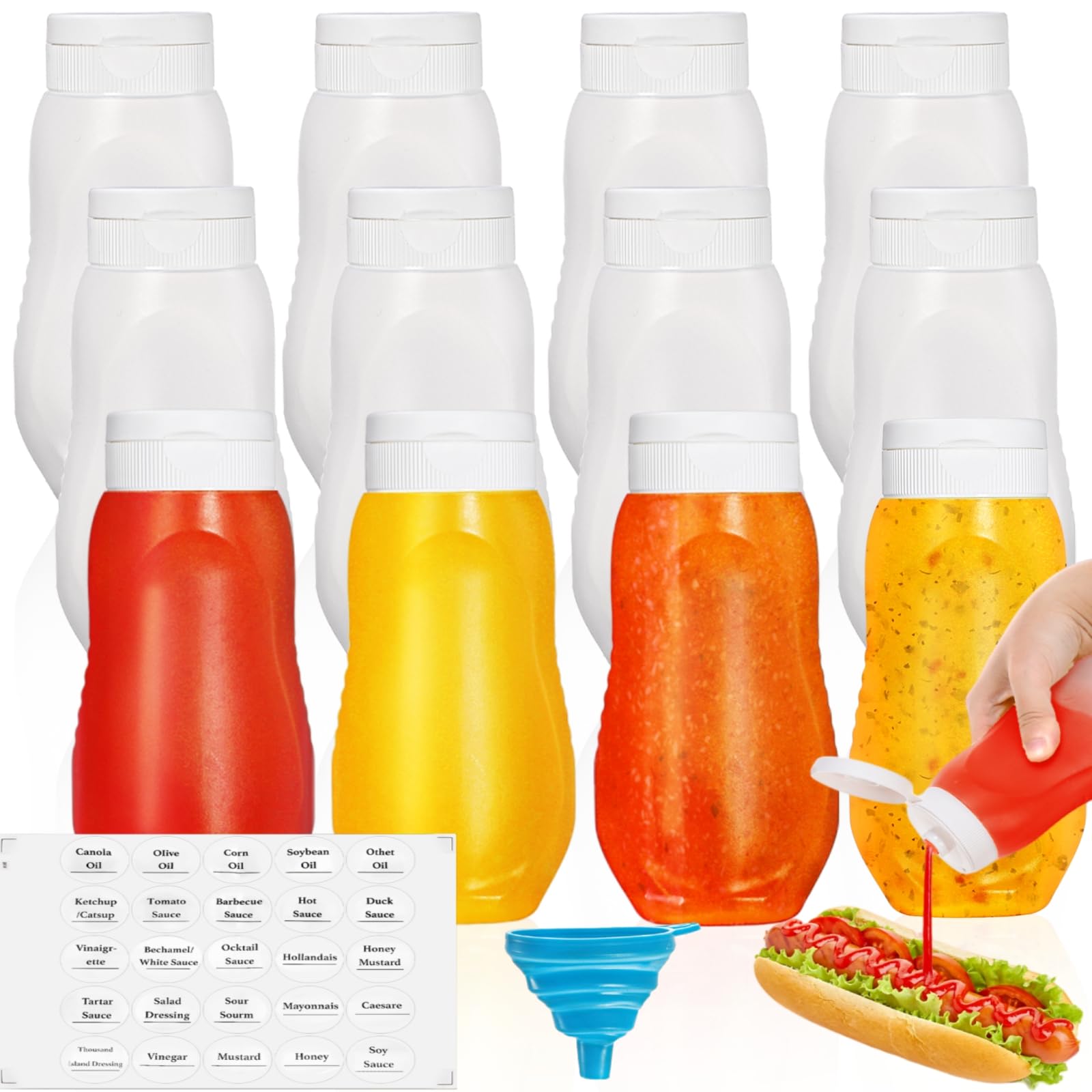 Paquete de 12 botellas exprimibles para condimentos, botellas de plástico de 12 onzas con tapa abatible, recipientes vacíos reutilizables para salsa con etiquetas y embudos de silicona para
