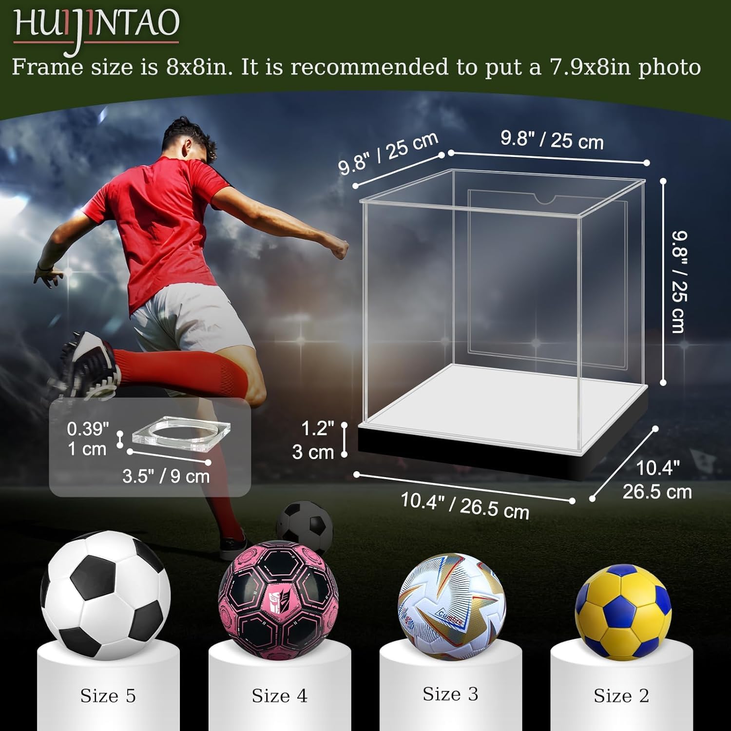 Huajintao Vitrina de fútbol LED RGBW, Caja acrílica autoensamblable, protección UV Anti-Polvo para balón autografiado Completo con Soporte