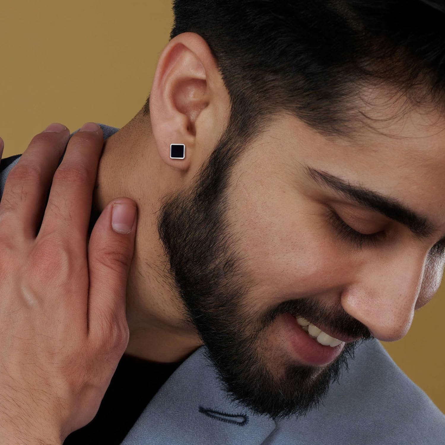 LeCalla 925 Sterling Silver Stud Earrings for Men | Small Hypoallergenic Black Onyx Earrings with Round Triangle and Square Design | Gift for Dad Father Son Brother Husband