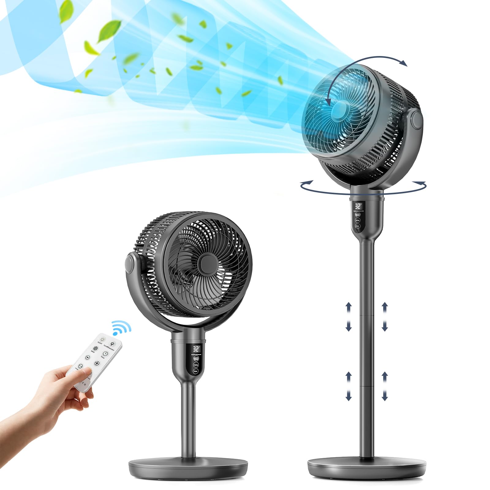 Standing Fan For Bedroom, Pedestal Fan With Remote 20-43" Adjustable Height, 90°+90°Omni-Directional Air Circulator Fan, DC Motor Quiet Pedestal Fan Oscillating 32 Speeds-12H Timer-100 ft