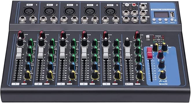 TFCFL 7 Channel Bluetooth Portable Audio Mixer USB DJ Sound Mixing Console Studio Live Streaming Mixer with 48V Phantom Power 3 Band EQ Built in Bluetooth for Recording Podcasting Karaoke