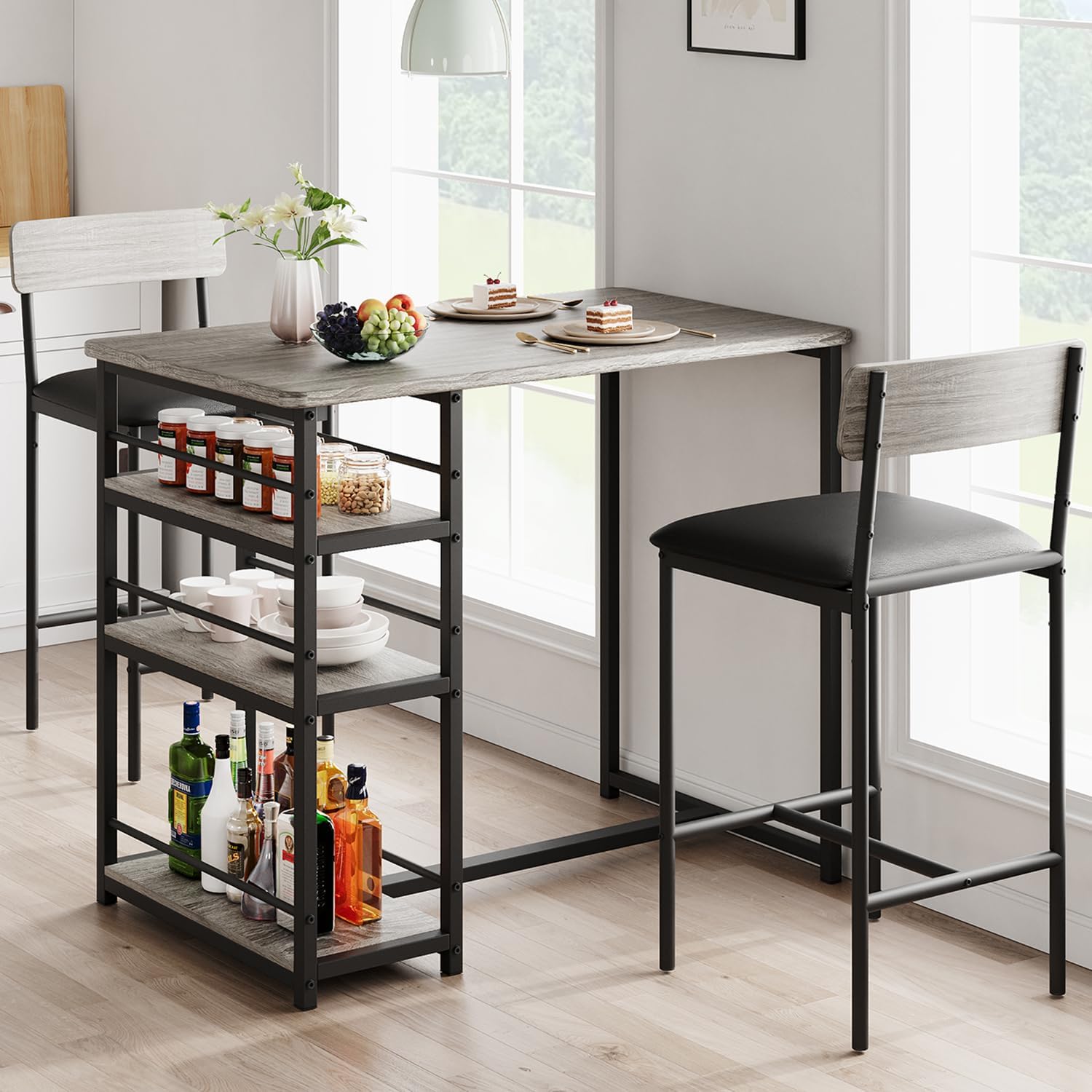 PortoAlegre 2-Personen Bar-Set Schwarz Retro - 3-teiliges Hochtisch-Set mit gepolsterten Klapphockern & 3 Staufächern - Platzsparend für kleine Räume, Apartments oder Küchen (Grau)