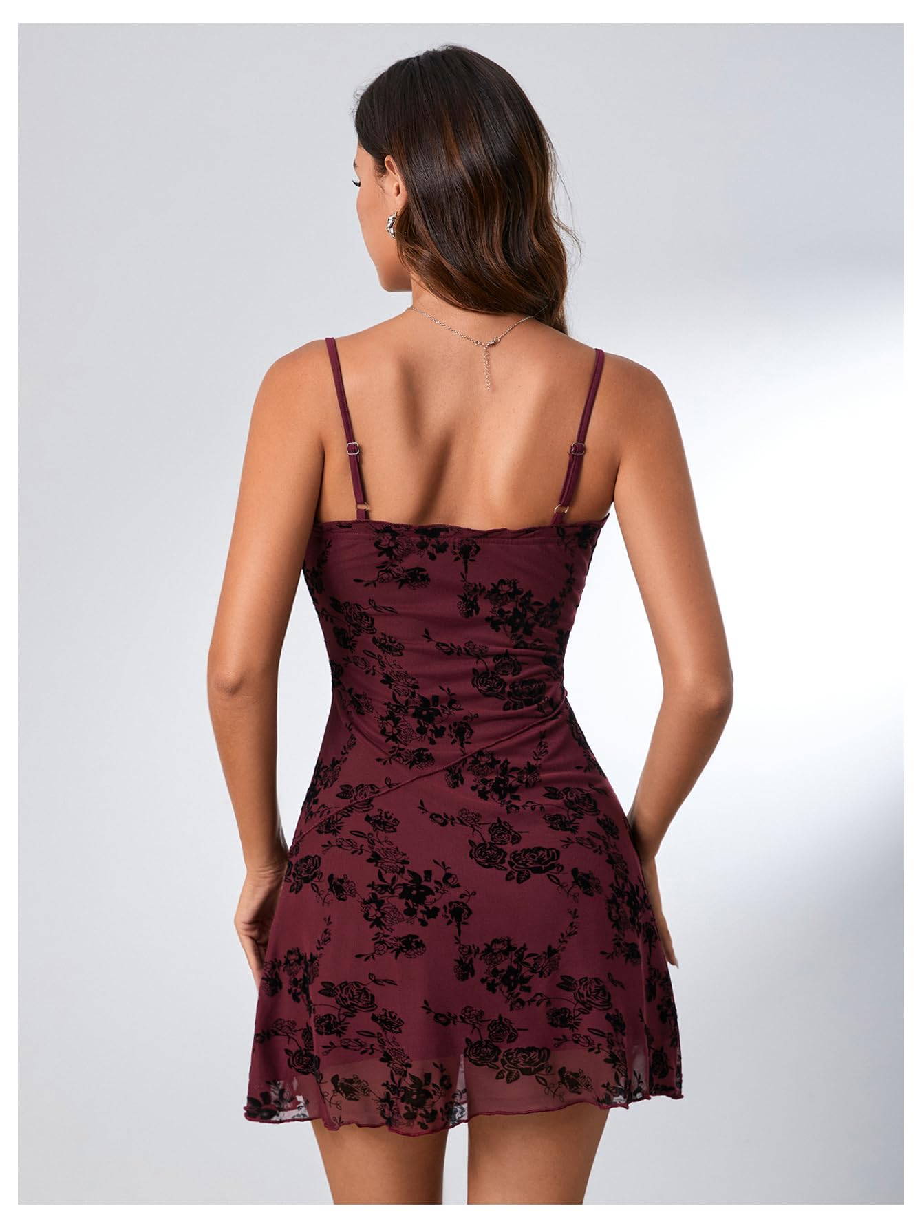 Verdusa Women's Mini Dress Floral Spaghetti Strap Mesh Short Dresses Going Out Sundress Y2k Gothic Clothes: Large Burgundy