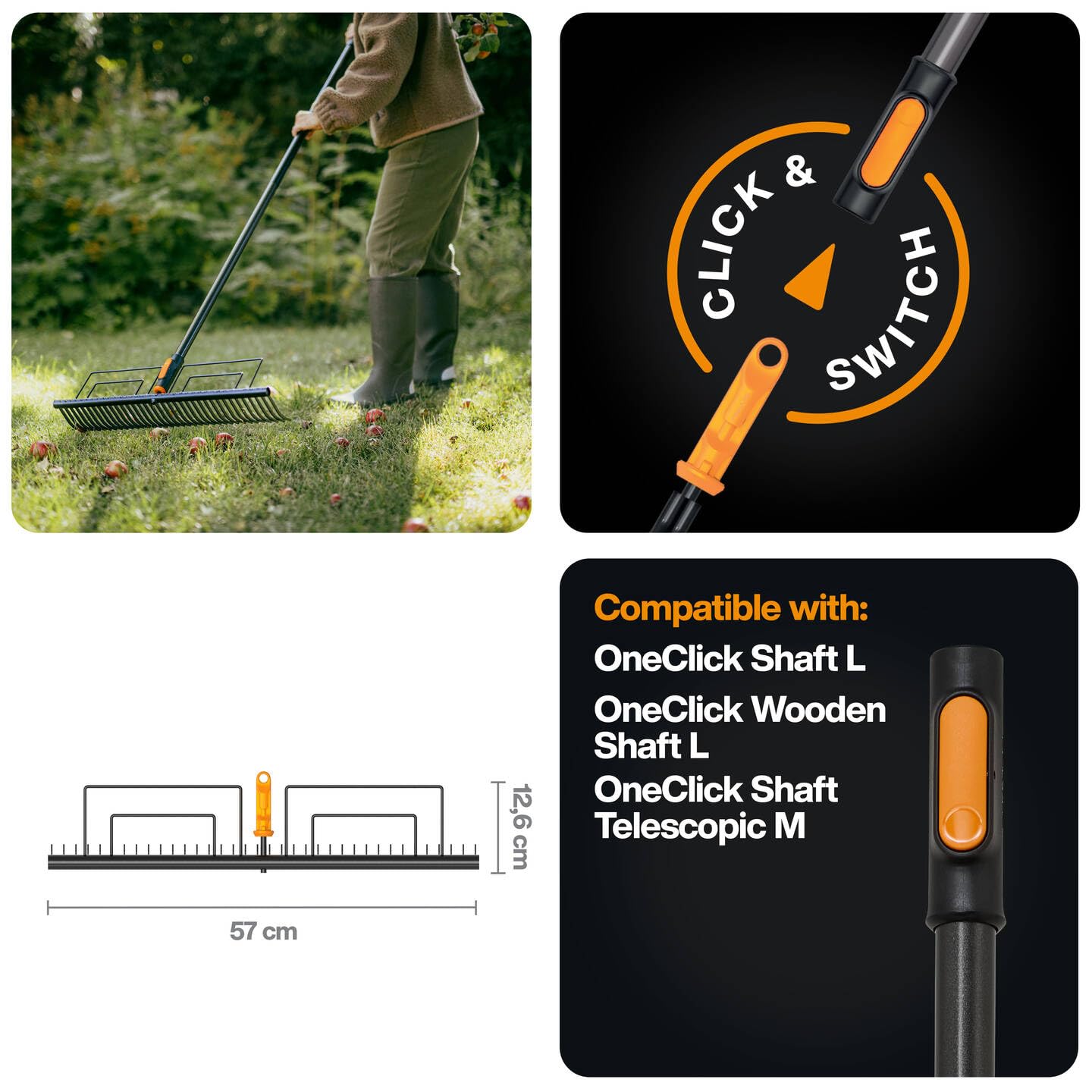 Fiskars OneClick Rastrillo para Césped | Cambio sin esfuerzo con un solo clic, acero al carbono, negro/naranja, 1080680